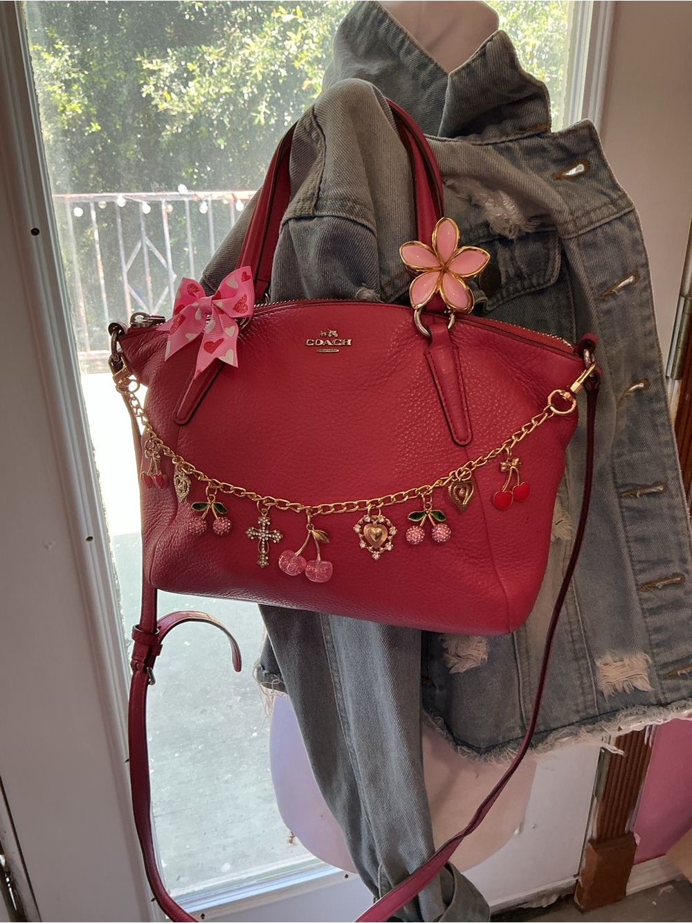Coach Hot Pink Pebbled Leather Satchel with Charm Chain